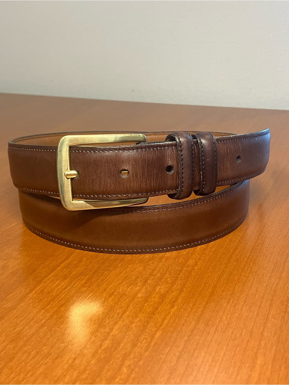 Allen Edmonds 38 burnished calf Cognac Leather Belt Brass Buckle handmade in USA